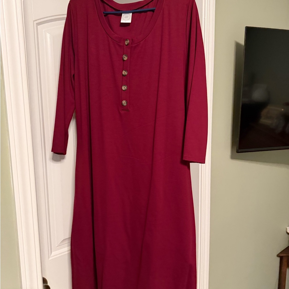 Women's Burgundy Button-Down Dress 3/4 sleeve